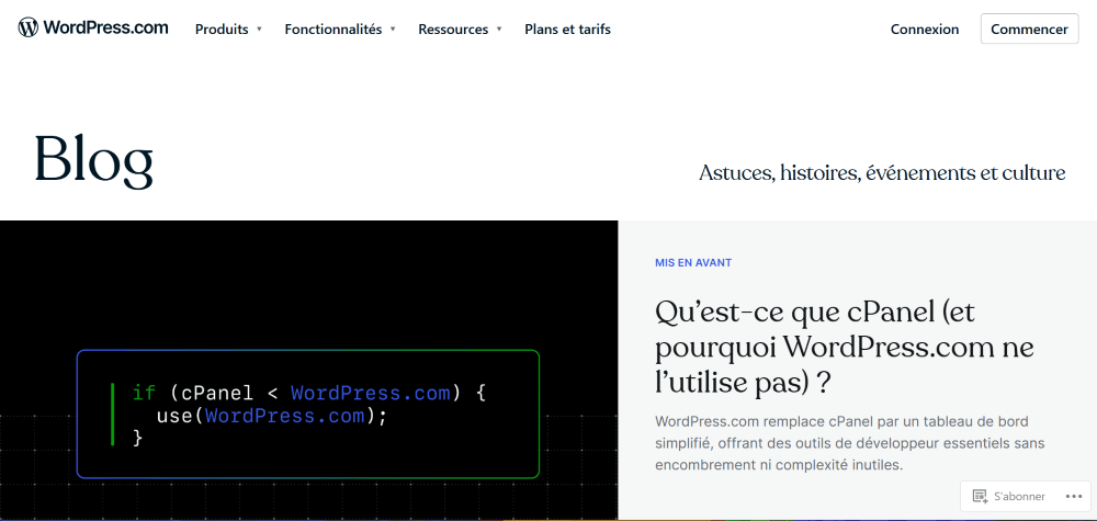 Capture d'écran de la page de blog de l'entreprise WordPress