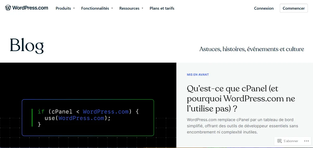 Capture d'écran de la page de blog de l'entreprise WordPress