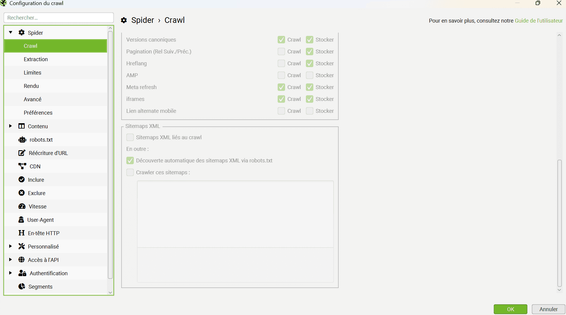 Configuration Screaming Frog : ajout sitemap