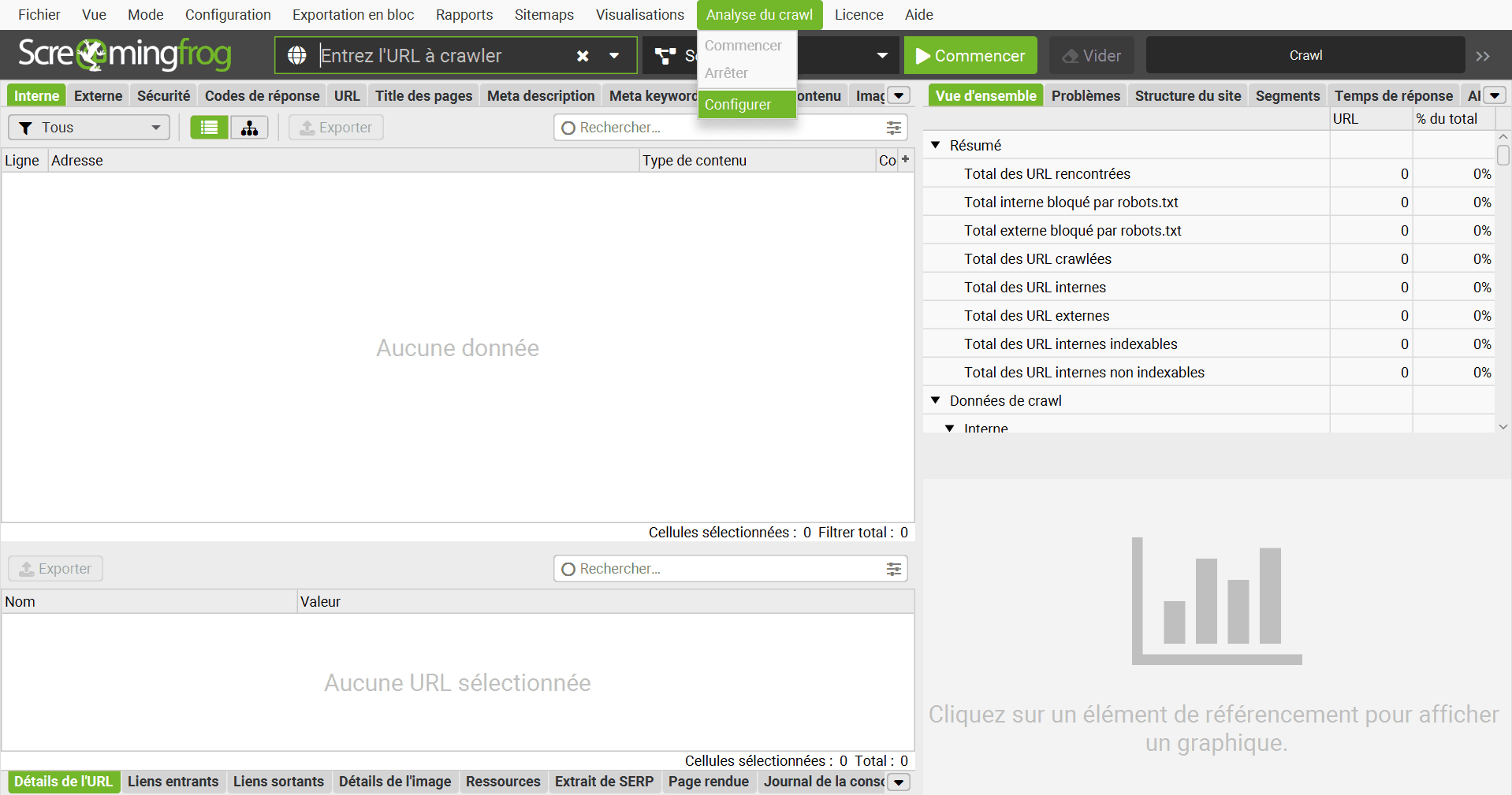 Capture d'écran screaming frog : configuration crawl
